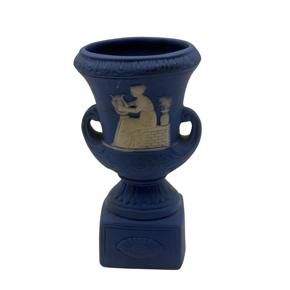 Wedgwood Blue Jasperware Miniature Trophy Urn Vase Classical Relief 2.5"